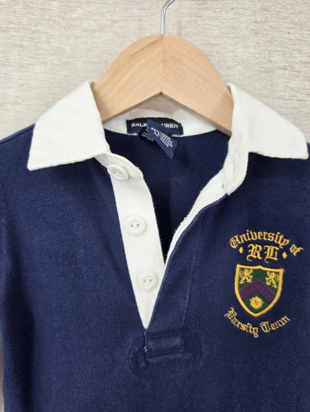 Ralph Lauren Vintage Navy Long-Sleeve Polo Dress with Crest Ruffle Hem